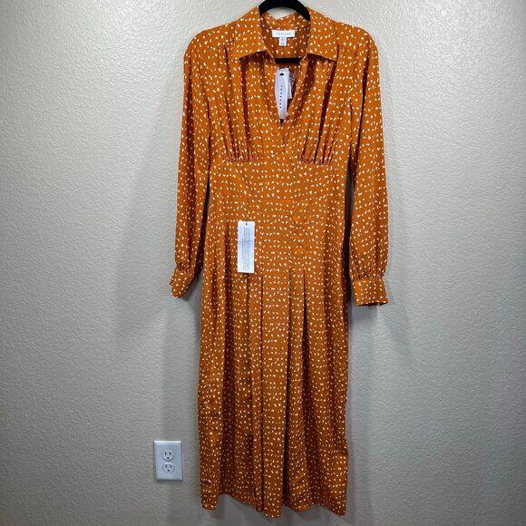 Topshop Sz 4 Long Sleeve Rust Orange Spot Chiffon Collared Midi Shirt Dress - Picture 8 of 16
